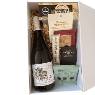 Gift Box Image Dairy-free gift box with NZ Sauvignon Blanc wine and tasty food snacks delivered NZ wide. Batenburgs Gift Hampers