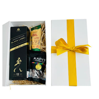 Gift Box Image Medium white gift box with Johnnie Walker Black Label 750ml, salted cashews and chocolate covered almonds, shot from above. Batenburgs Gift Baskets Auckland.