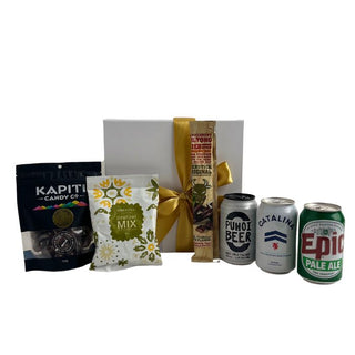 GIft Box Image Wooden gift box with pretzel mix, chocolate covered almonds, bierstick, 330ml can of puhoi beer. catalina and epic pale ale  beer Batenburgs Gift Baskets Auckland