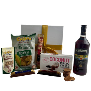 Gift Box Image Gift hamper with Coruba rum with tasty food snacks and chocolate delivered New Zealand wide. Batenburgs Gift Hampers Batenburgs Gift Baskets Auckland