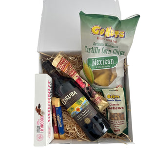 Gift Box Image Gift hamper with Coruba rum with tasty food snacks and chocolate delivered New Zealand wide. Batenburgs Gift Hampers Batenburgs Gift Baskets Auckland 