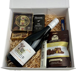 Gift Box Image Gift box with NZ Leefield wine and chocolates from Bennetts of Mangawhai and Devonport Chocolates. Delivered NZ wide by Batenburgs Gift Hampers Batenburgs Gift Baskets Auckland 
