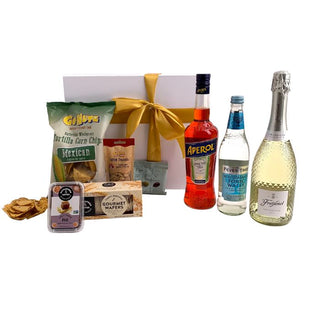 Gift Box Image  with ribbon, bow and gift card. Packed with 750ml prosecco, 700ml Aperol, Fever Tree, olives, Rutherford and Meyer fruit paste and crackers and salsa chips Batenburgs Gift Baskets Auckland