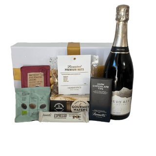 Gift Box Image Dairy-free gift box with Cloudy Bay Sparkling Wine and tasty food snacks delivered NZ wide. Batenburgs Gift Hampers