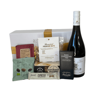 Gift Box Image Dairy-free gift box with NZ Pinot Gris Wine and tasty food snacks delivered NZ wide. Batenburgs Gift Hampers