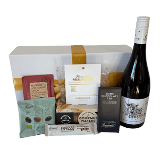 Gift Box Image Dairy-free gift box with NZ Pinot Noir Wine and tasty food snacks delivered NZ wide. Batenburgs Gift Hampers