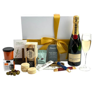 Gift Box Image Luxurious Moët & Chandon Champagne gift box from NZ, paired with gourmet treats including Bennetts of Mangawhai chocolate and savoury bites. Premium gift boxes NZ collection for ultimate celebration moments Batenburgs Gift Baskets Auckland