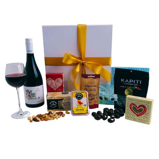 Gift Box Image Wine and Chocolate Savoury Treats Pinot Noir Wine Batenburgs Gift Baskets Auckland