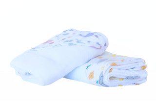 White hooded baby towel with animal prints