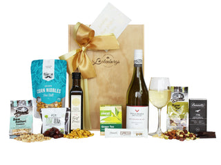 Gift Box Image Large wooden gift hamper packed 750ml Villa Maria Sauvignon Blanc wine, Espresso chocolate bar, olives, 250ml bottle of extra virgin olive oil, Bennett's of Mangawhai dark chocolate bar, sea salted peanuts, raw nut mix, cripsy corn nibbles and box of 25 green tea bags Batenburgs Gift Baskets Auckland 