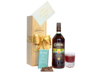Gift Box Image 1 litre bottle of Coruba rum with Feijoa Bennett's of Mangawhai chocolate and single wooden bottle gift box Batenburgs Gift Baskets Auckland