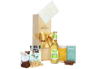 Gift Box Image Small single bottle wooden gift box with Somersby apple cider, Bennett's of Mangawhai, Mrs Higgin's chocolate fudge brownie and sea salted peanuts Batenburgs Gift Baskets Auckland