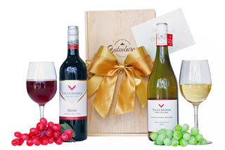 Gift Box Image NZ gift hamper. Villa Maria wine, Merlot and Sauvignon Blanc. New Zealand Batenburgs Gift Hampers Batenburgs Gift Baskets Auckland