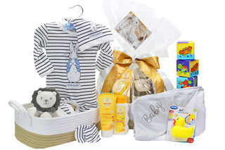 New Baby congratulations gift basket with peter rabbit 3-piece set, Weleda bathing products, PlayGro first toys and the essential hooded bath towel. Delivered NZ wide by Batenburgs Gift Hampers