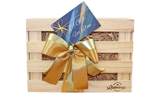 NZ medium food Gift hamper made from environmentally friendly pine finished with luxury satin ribbon and card with message from Batenburgs Gift Hampers