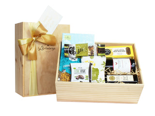 Gift Box Image NZ gift hamper. Lower sugar food hamper with tea, olive oil and snacks. New Zealand Batenburgs Gift Hamper Batenburgs Gift Baskets Auckland