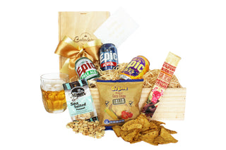 Gift Box Image Medium wooden gift box with three 330ml Epic beers, sea salted peanuts, bierstick and salsa corn chips Batenburgs Gift Baskets Auckland 