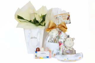 White gift bag with flowers and Vilene and gift basket filled with House of Chocolate bonbons three packed, 50ml tube of hand cream, baby bib and neutral rattle