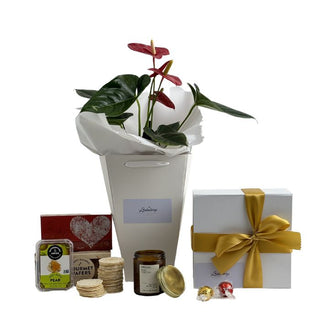 Gift Box Image Flowers in white gift bag with medium white gift box filled with fruit paste, amberjack candle, crackers and shortbread, gift baskets Auckland