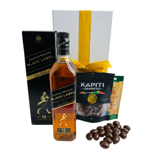 Gift Box Image Medium white gift box with Johnnie Walker Black Label 750ml, salted cashews and chocolate covered  almonds. Batenburgs Gift Baskets Auckland.