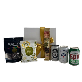 GIft Box Image Wooden gift box with pretzel mix, chocolate covered almonds, bierstick, 330ml can of puhoi beer. catalina and epic pale ale  beer Batenburgs Gift Baskets Auckland 