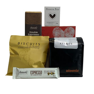 Gift Box Image Coffee Lovers gift basket with Atomic Veloce Coffee with chocolate and biscuit Batenburgs Gift Baskets Auckland 