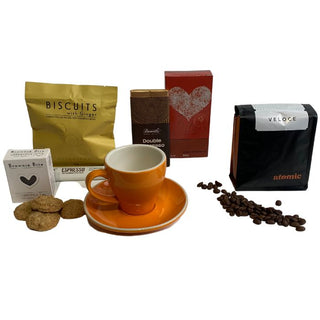 Gift Box Image Coffee Lovers gift basket with Atomic Veloce Coffee with chocolate and biscuit and cup Batenburgs Gift Baskets Auckland 