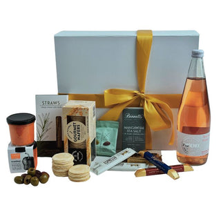 Gift Box Image Luxurious Alcohol Free Gift Box from NZ, paired with gourmet treats including Bennetts of Mangawhai chocolate and savoury bites. Premium gift boxes NZ collection for ultimate celebration moments Batenburgs Gift Baskets Auckland