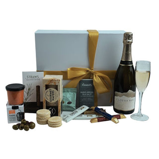 Gift Box Image Luxurious Cloudy Bay Sparkling Wine Gift Box from NZ, paired with gourmet treats including Bennetts of Mangawhai chocolate and savoury bites. Premium gift boxes NZ collection for ultimate celebration moments Batenburgs Gift Baskets Auckland