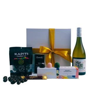 Gift Box Image with Leefield Rose 750ml, Bennett's of Mangawhai chocolate, House of Chocolate bon bons three pack, Whittaker's dark chocolate bar, Chocolate covered almonds Batenburgs Sauvignon Blanc Gift Baskets Auckland