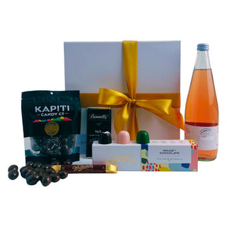 Gift Box Image with Leefield Rose 750ml, Bennett's of Mangawhai chocolate, House of Chocolate bon bons three pack, Whittaker's dark chocolate bar, Chocolate covered almonds Batenburgs Non Alcoholic option Gift Baskets Auckland