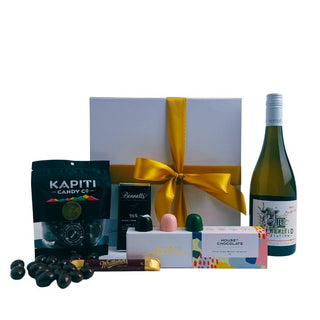 Gift Box Image with Leefield Rose 750ml, Bennett's of Mangawhai chocolate, House of Chocolate bon bons three pack, Whittaker's dark chocolate bar, Chocolate covered almonds Batenburgs Chardonnay option Gift Baskets Auckland