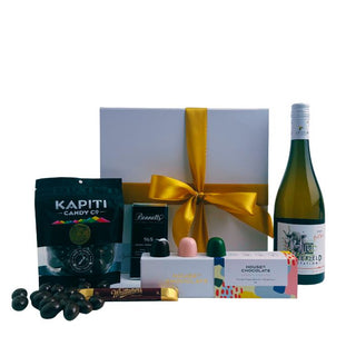 Gift Box Image with Leefield Rose 750ml, Bennett's of Mangawhai chocolate, House of Chocolate bon bons three pack, Whittaker's dark chocolate bar, Chocolate covered almonds Batenburgs Pinot Gris option Gift Baskets Auckland