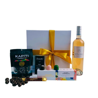 Gift Box Image with Leefield Rose 750ml, Bennett's of Mangawhai chocolate, House of Chocolate bon bons three pack, Whittaker's dark chocolate bar, Chocolate covered almonds Batenburgs Chateau Routas Rose option Gift Baskets Auckland