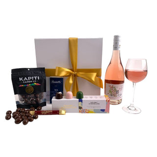 Gift Box Image with Leefield Rose 750ml, Bennett's of Mangawhai chocolate, House of Chocolate bon bons three pack, Whittaker's dark chocolate bar, Chocolate covered almonds Batenburgs Gift Baskets Auckland