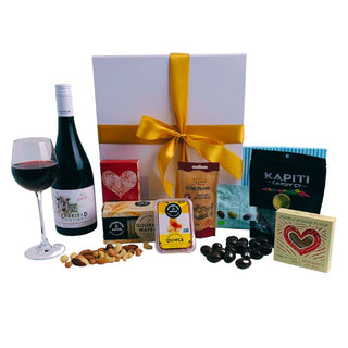 Gift Box Image Wine and Chocolate Savoury Treats Pinot Noir Wine Batenburgs Gift Baskets Auckland 