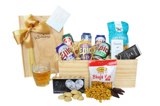 Gift Box Image Large wooden gift box with six 330ml Epic beers, crispy corn nibbles, pepper and cheddar savoury bites, bhuja mix, two Bennett's of Mangawhai chocolate bar Batenburgs Gift Baskets Auckland 