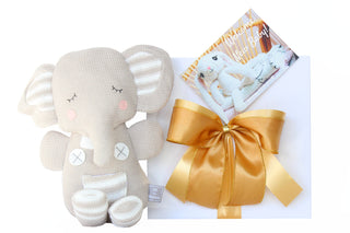 Knitted sleeping elephant soft toy with small white deluxe gift box