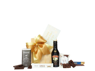 Small wooden gift box with 200ml Bailey's, Mrs Higgin's chocolate fudge brownie bite, Bennett's of Mangawhai dark chocolate bar and Whittaker's milk chocolate bar