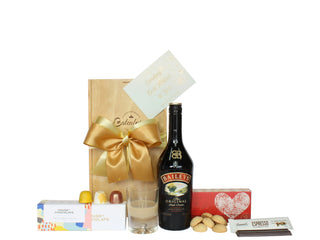 Gift Box Image Wooden medium gift box with 700ml Bailey's Irish Cream, House of Chocolate three pack bonbons, shortbread bites and espresso chocolate bar Batenburgs Gift Baskets Auckland 