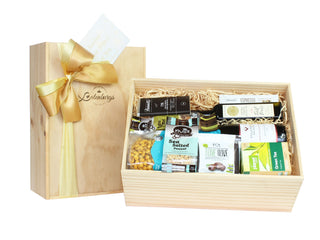 Gift Box Image Dairy-free gift hamper with NZ Villa Maria wine and sweet and savoury food delivered NZ wine. Batenburgs Gift Hampers Batenburgs Gift Baskets Auckland 