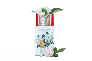 Gift Box Image Double Gardenia hand-crafted flower gift boxed in a glass vase by Cote Noire. Delivered NZ wide by Batenburgs Gift Hampers