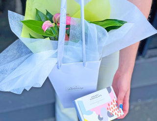 Gift Box Image Flowering pink plant surrounded with soft tissue being held in a gift bag with a gift box of chocolates.