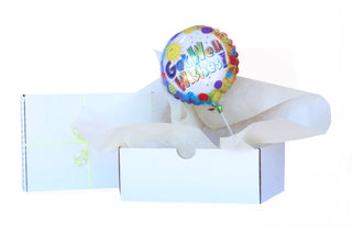 Air filled balloon that says get well wishes in small white box with white Vilene