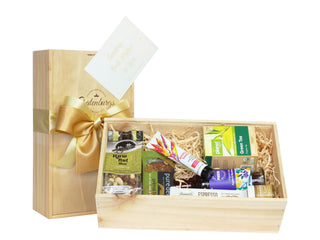 Gift Box Image Gluten and Dairy-free Gift Hamper with food, organic juice and NZ hand cream. Delivered NZ wide Batenburgs Gift Baskets Auckland 