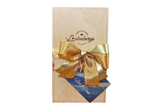 NZ medium Gift hamper made from environmentally friendly pine finished with luxury satin ribbon and card with message from Batenburgs Gift Hampers