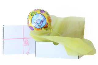 Air filled 9 inch Happy Easter Balloon in white box with yellow Vilene