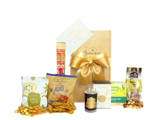 Gift Box Image Medium wooden gift hamper, filled with pretzel mix, salsa corn chips, bierstick, Champagne candle, green tea bag box, raw nut mix Batenburgs Gift Baskets Auckland 