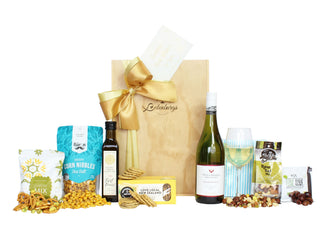 Gift Box Image Large wooden gift box with extra virgin olive oil, pretzel mix, crispy corn nibbles, crackers, Villa Maria Sauvignon Blanc 750ml, napkins, raw nut mix and olives Batenburgs Gift Baskets Auckland 