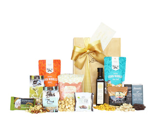 Gift Box Image Large wooden gift box with 250ml extra virgin olive oil, pure delish nut bar, raw nut mix, two packets of crispy corn nibbles, sea salted peanuts, caramel popcorn, olive, pistachio nuts and two Bennett's of Mangawhai chocolate bars  Batenburgs Gift Baskets Auckland 